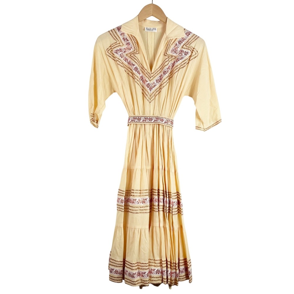 Peggy Lee of Arizona Patio Dress Women's M Butter Yellow Copper Vintage 70s Belt